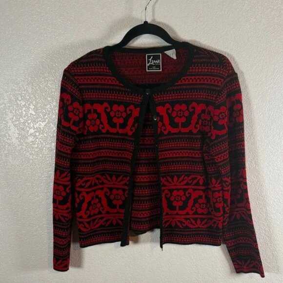 Lennie Nina Leonard Red & Black Cardigan Look Sweater Built In Shell Size Sm P - Picture 1 of 7